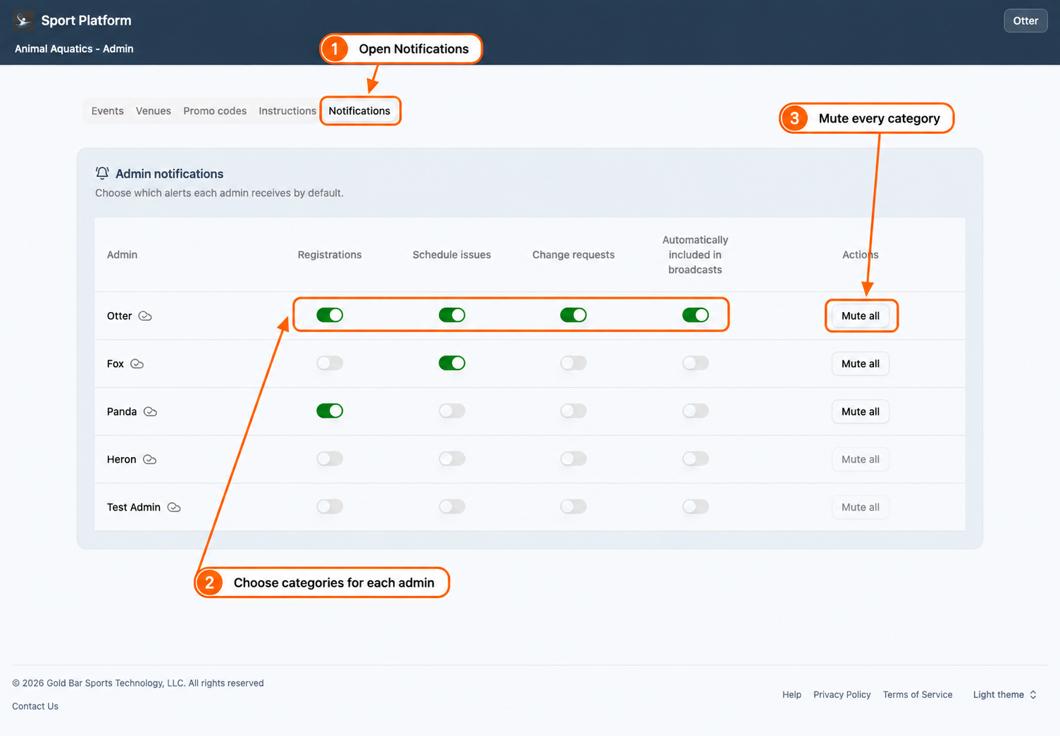 Callouts highlight Notifications, each admin’s category switches, and Mute all in Animal Aquatics organizer defaults.