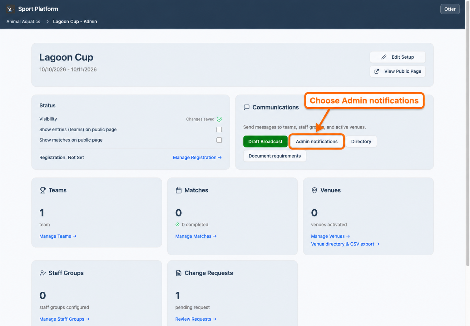 An arrow highlights Admin notifications in the Communications section of Lagoon Cup’s management page.